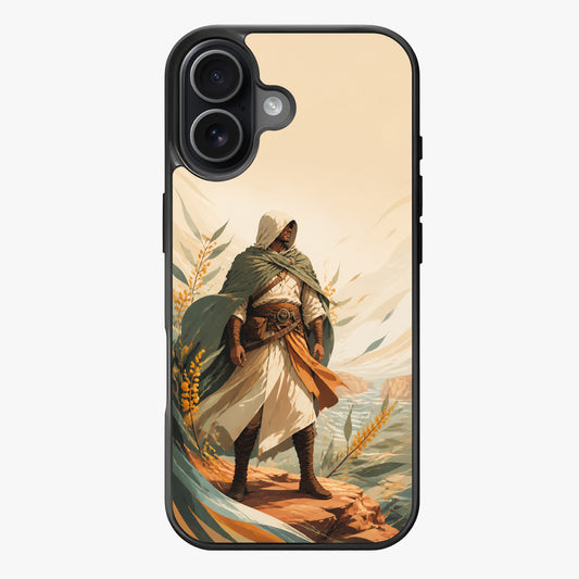 A hooded figure stands on rocks by a river, surrounded by greenery and golden hues.