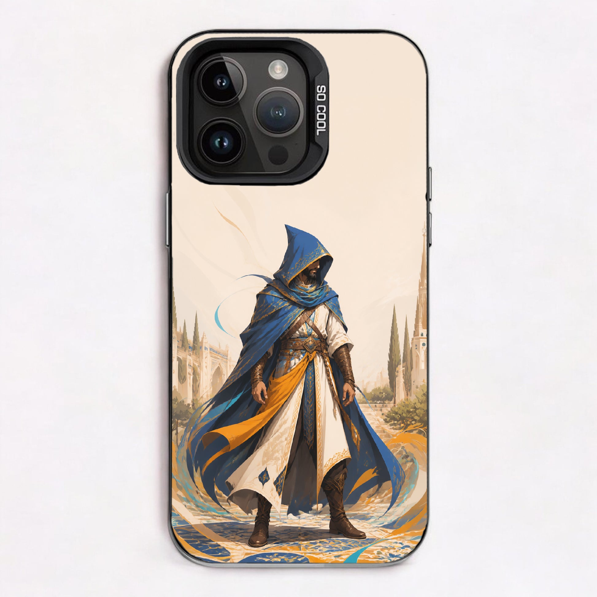 A figure in elaborate blue and gold robes stands amidst a peaceful cityscape, evoking a sense of historical grandeur and tranquility.