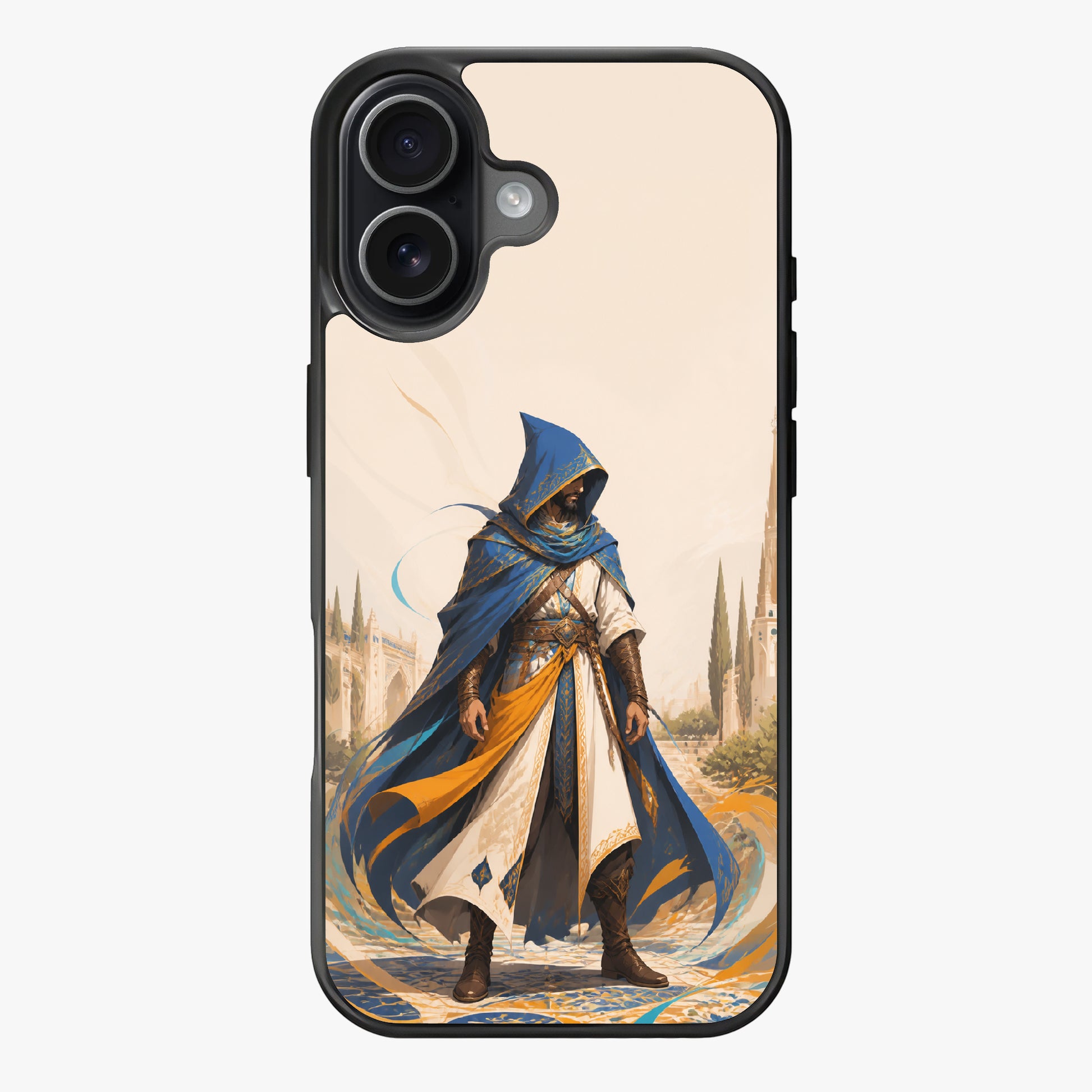 A figure in elaborate blue and gold robes stands amidst a peaceful cityscape, evoking a sense of historical grandeur and tranquility.