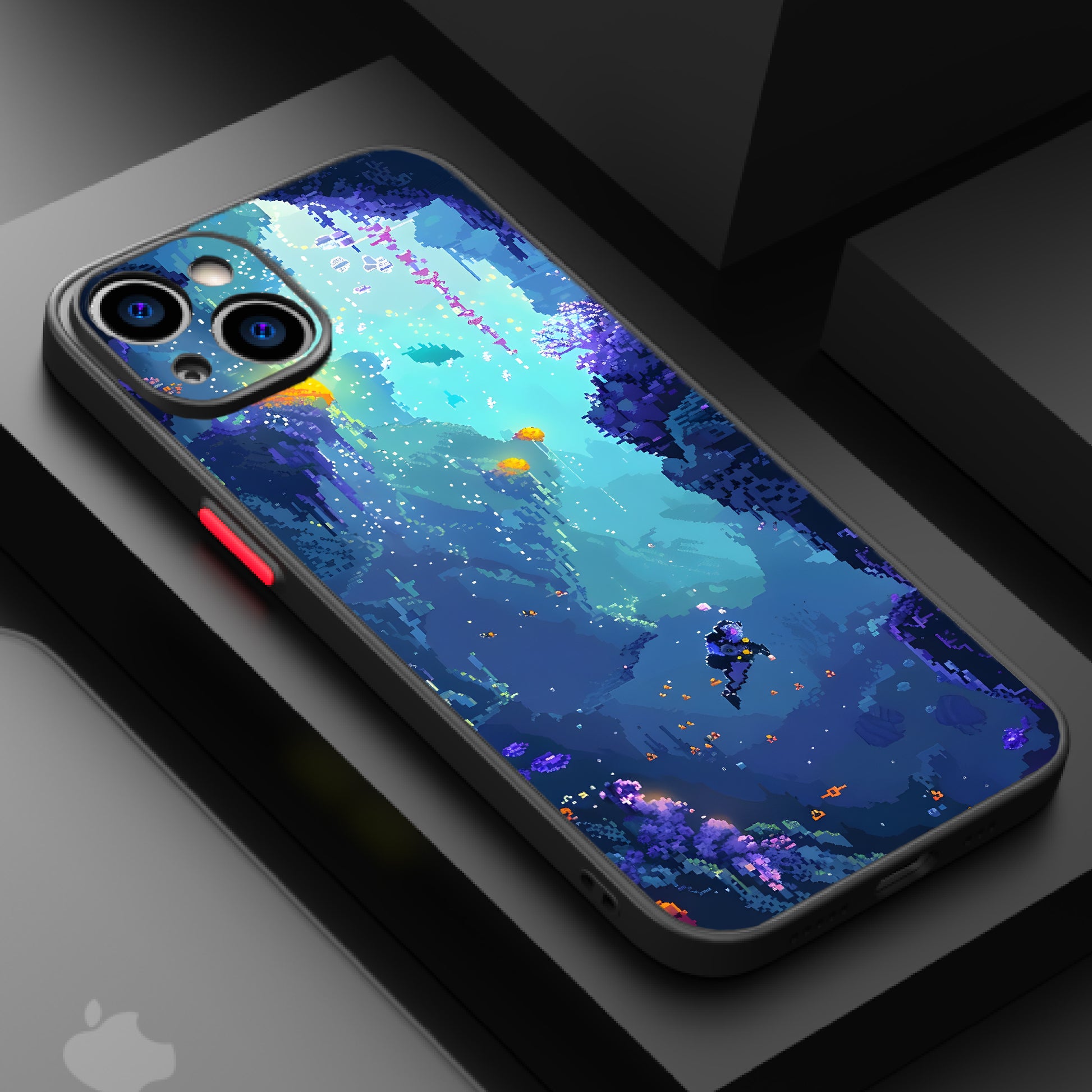Pixelated jellyfish and coral formations against a dark blue background.