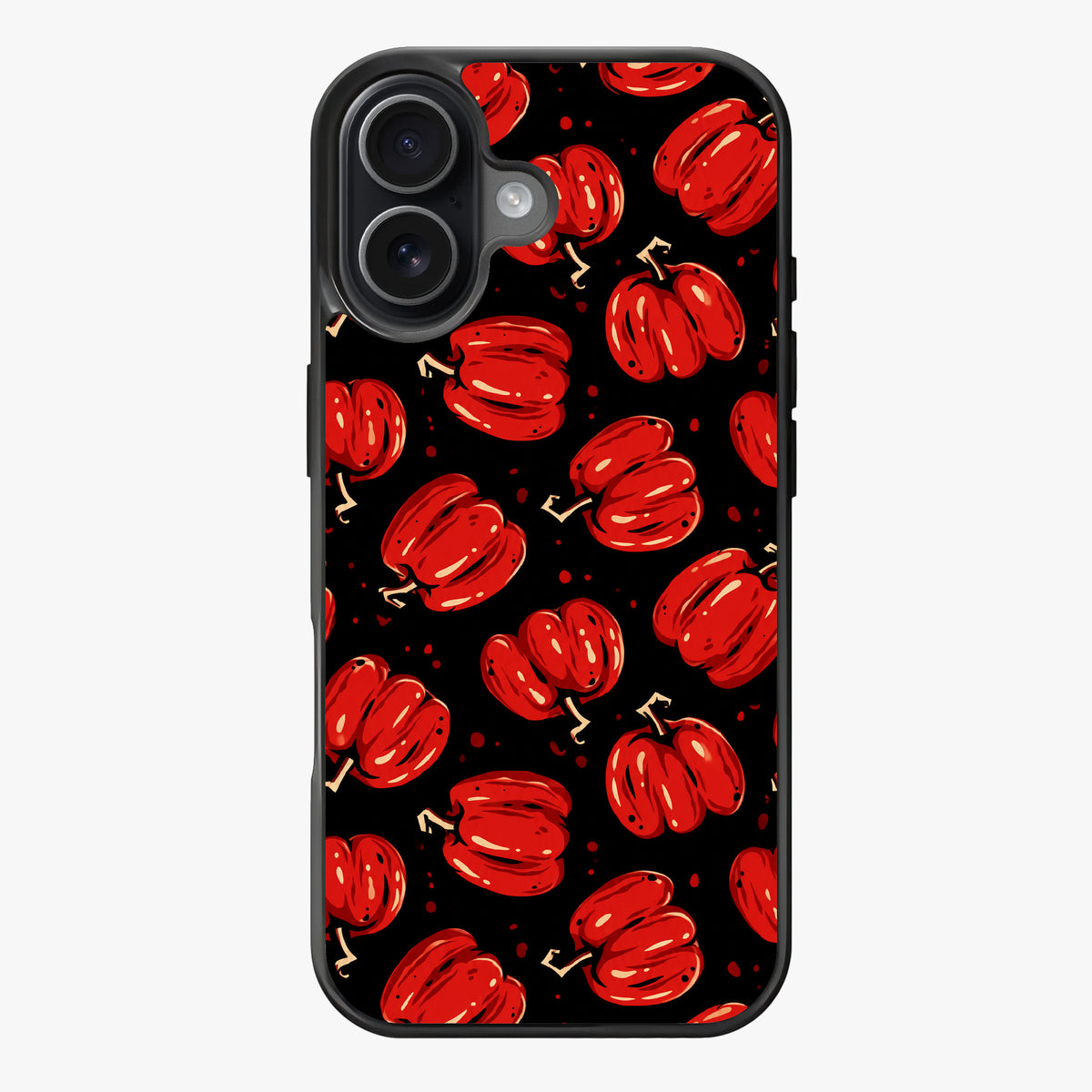 Repeating pattern of red pumpkins on a black background, evoking a spooky Halloween theme.