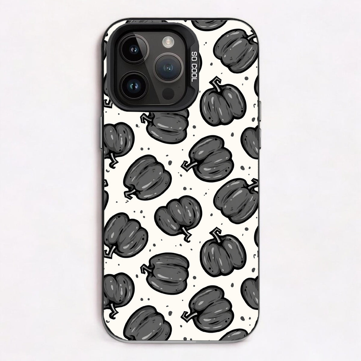 Repeating pattern of gray pumpkins on a bone white background.