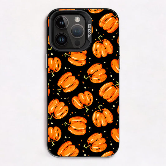 Repeating pattern of orange pumpkins with green stems on a black background, evoking a classic trick-or-treat theme.