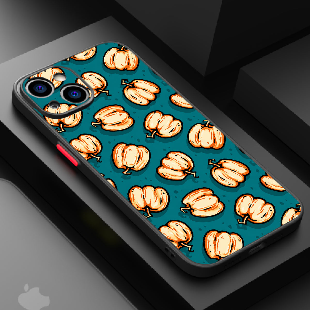 Repeating pattern of cartoon pumpkins in orange and teal on a teal background.