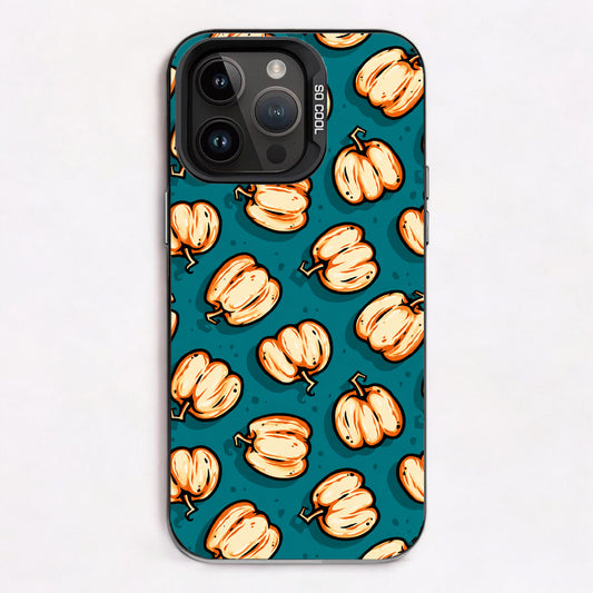 Repeating pattern of cartoon pumpkins in orange and teal on a teal background.
