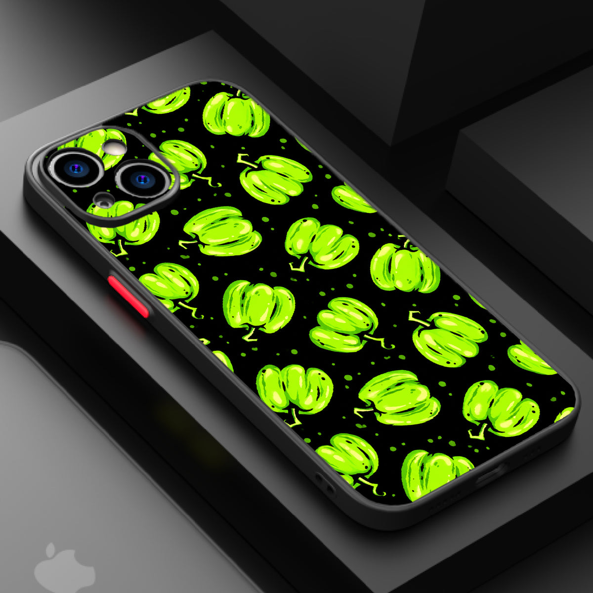 Repeating pattern of glowing green pumpkins on a black background.