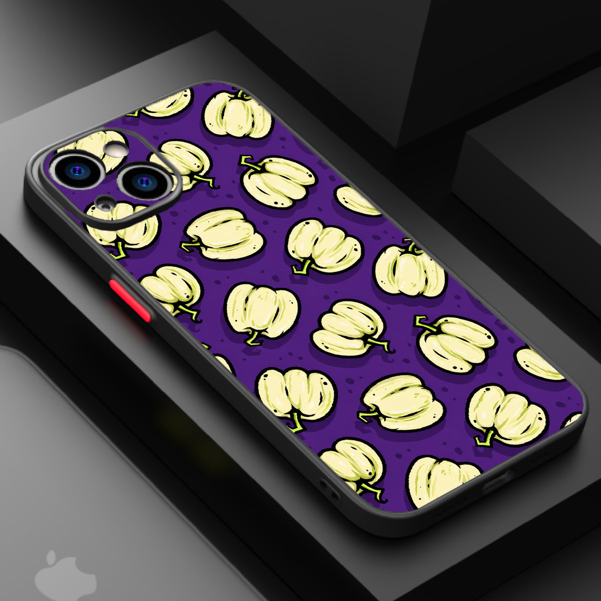 Repeating pattern of cartoon pumpkins on a witchy purple background.