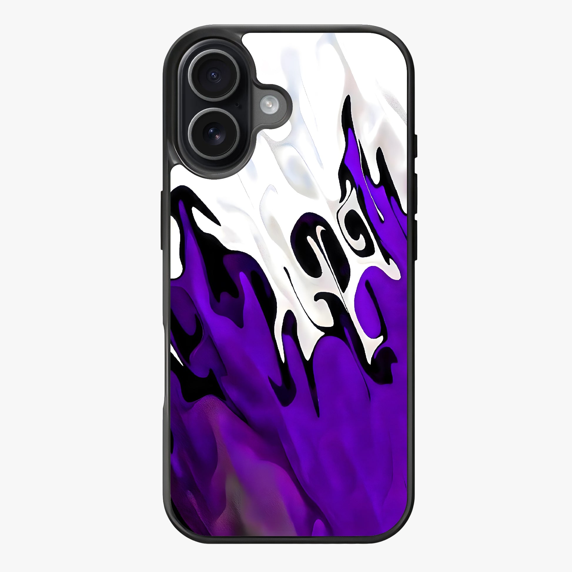 Abstract, dynamic purple flame design with white highlights against a white background