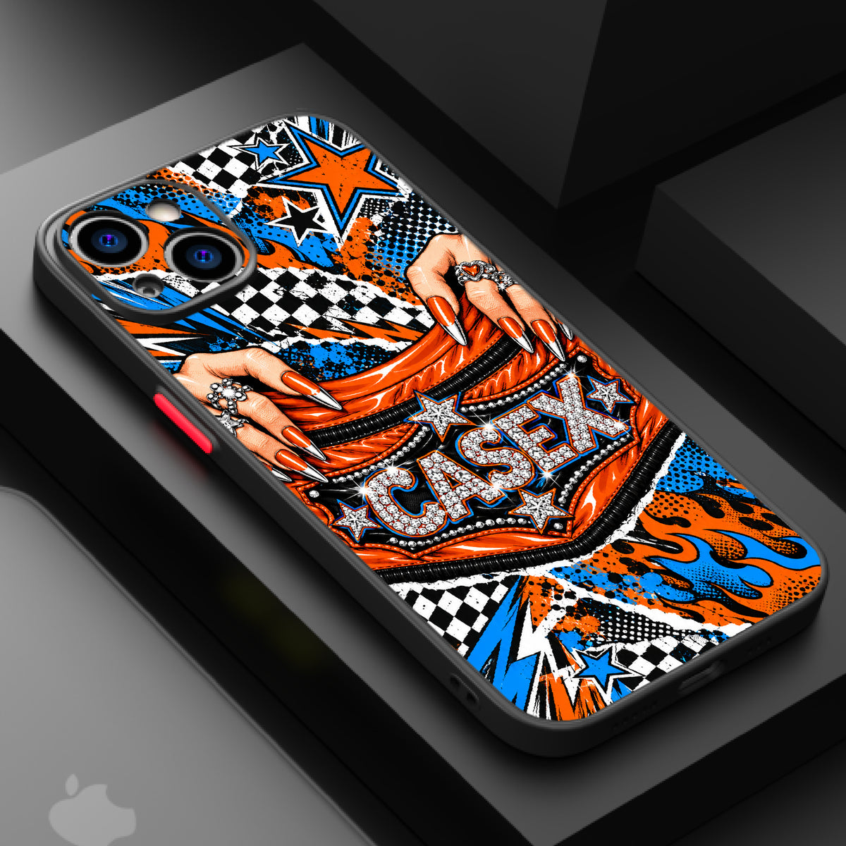 Vibrant, fiery design with checkered flags and bold orange and black colors, ideal for car enthusiasts.