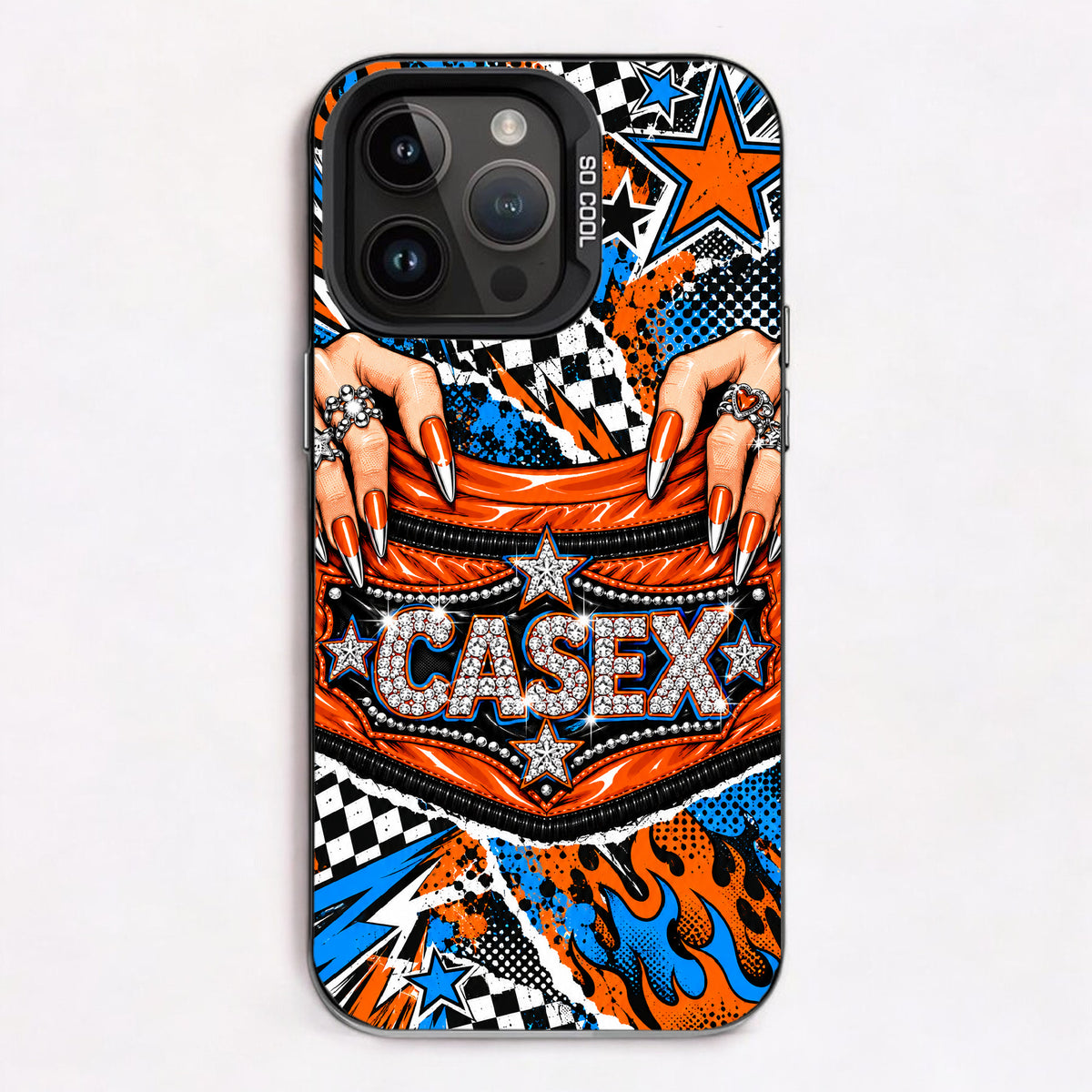 Vibrant, fiery design with checkered flags and bold orange and black colors, ideal for car enthusiasts.