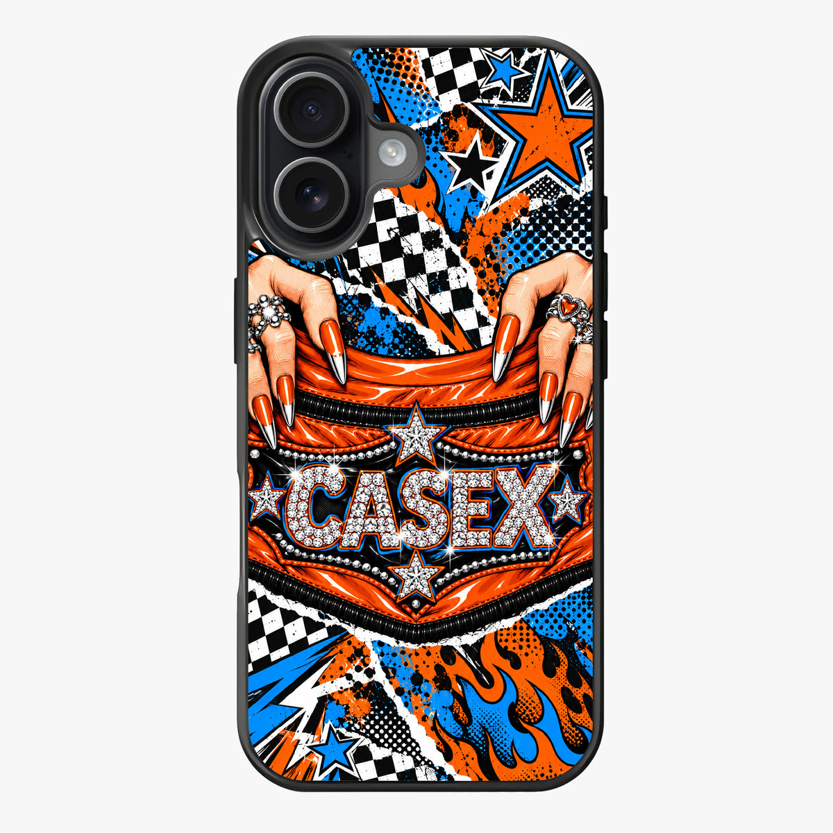 Vibrant, fiery design with checkered flags and bold orange and black colors, ideal for car enthusiasts.
