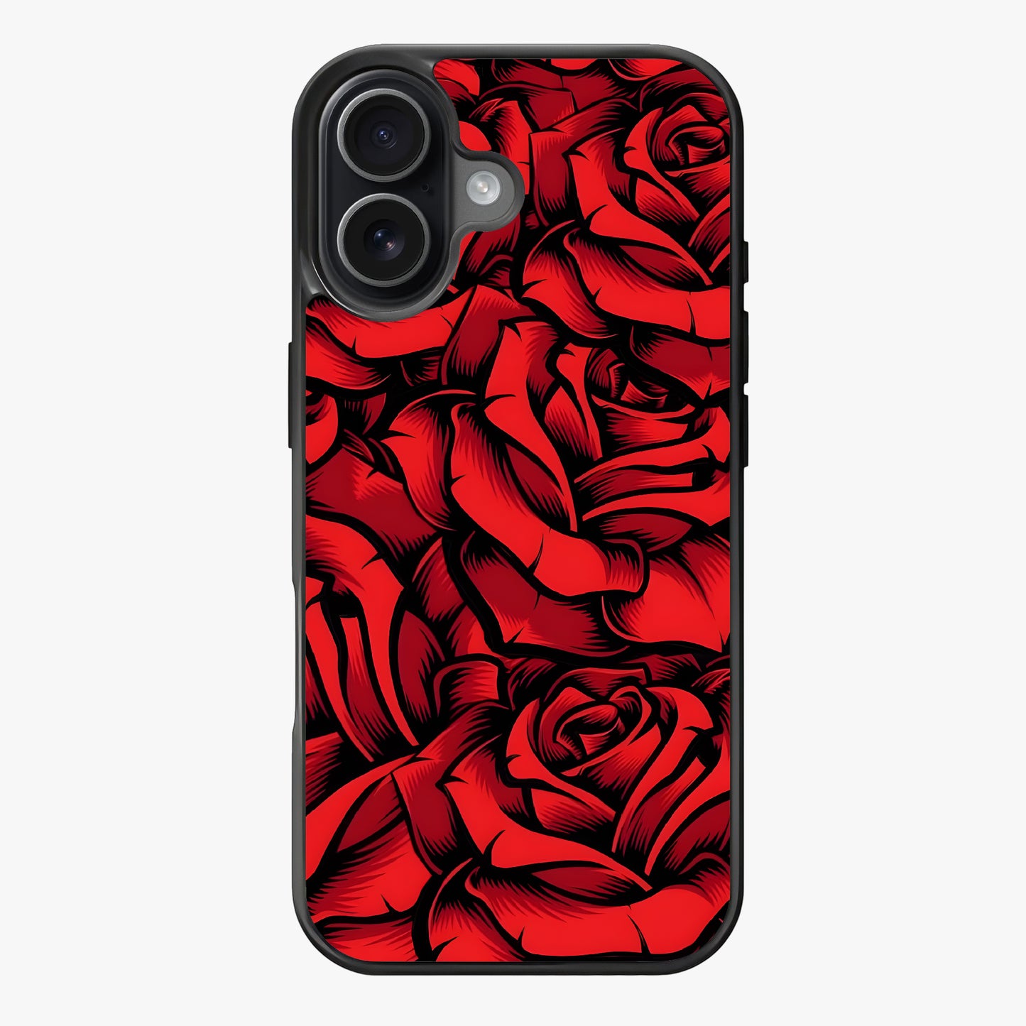 A repeating pattern of red roses outlined in black on a white background.