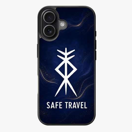 Minimalist white compass design over dark blue background with gold wavy patterns.