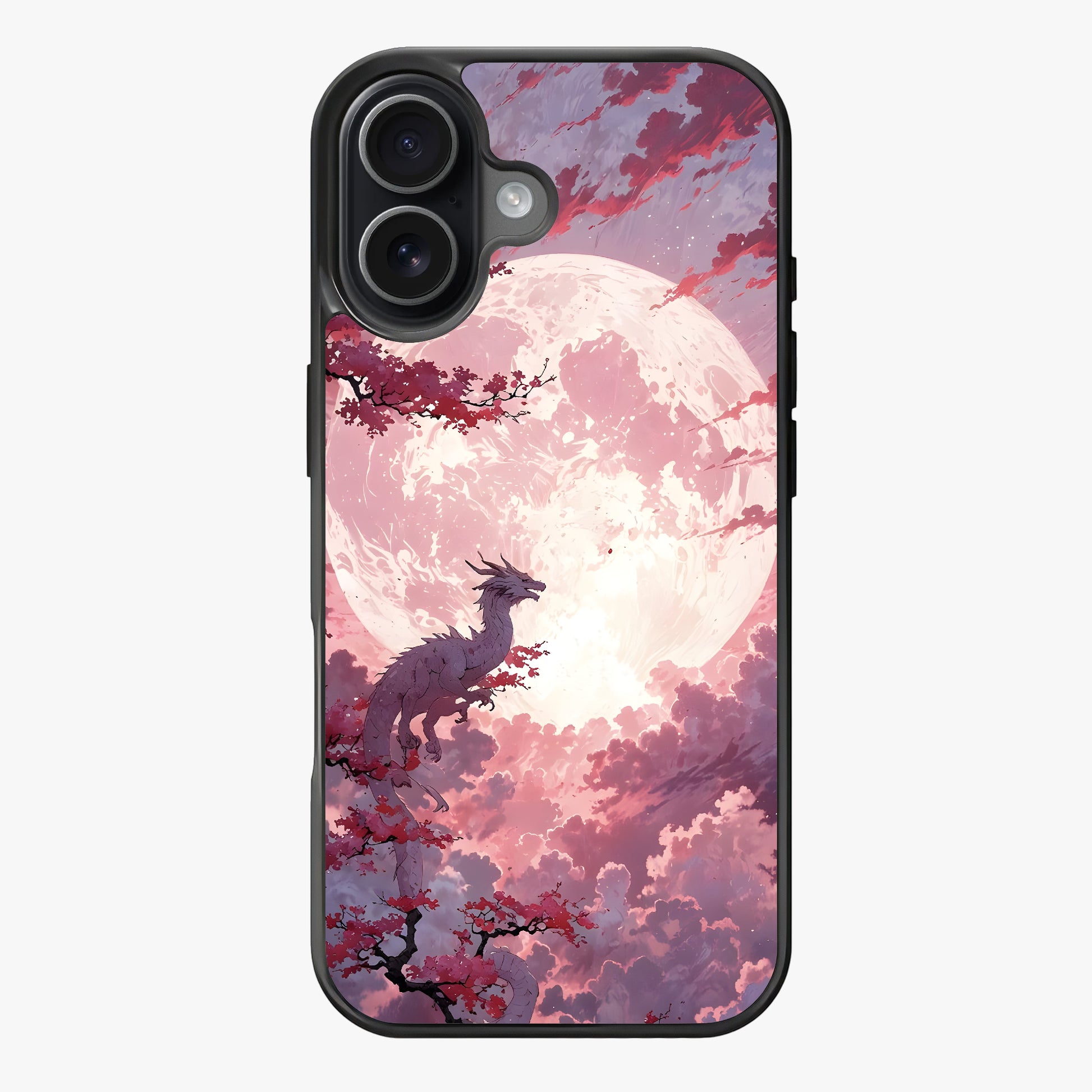 A dragon among cherry blossoms beneath a full moon in a dreamy, pink-toned sky.