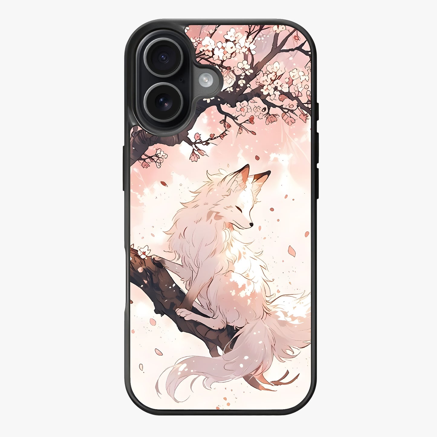 An anime-style illustration of a fox sitting among cherry blossoms in soft pastel colors.