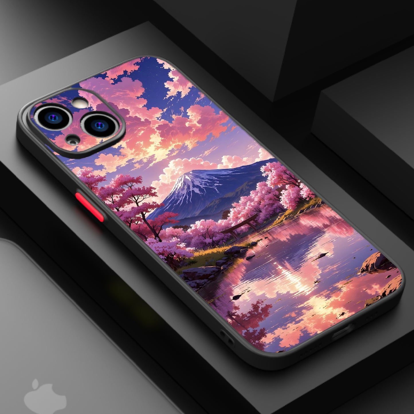 A scenic view featuring Mount Fuji, cherry blossoms, and a serene sky reflected in water, evoking a peaceful ambiance.