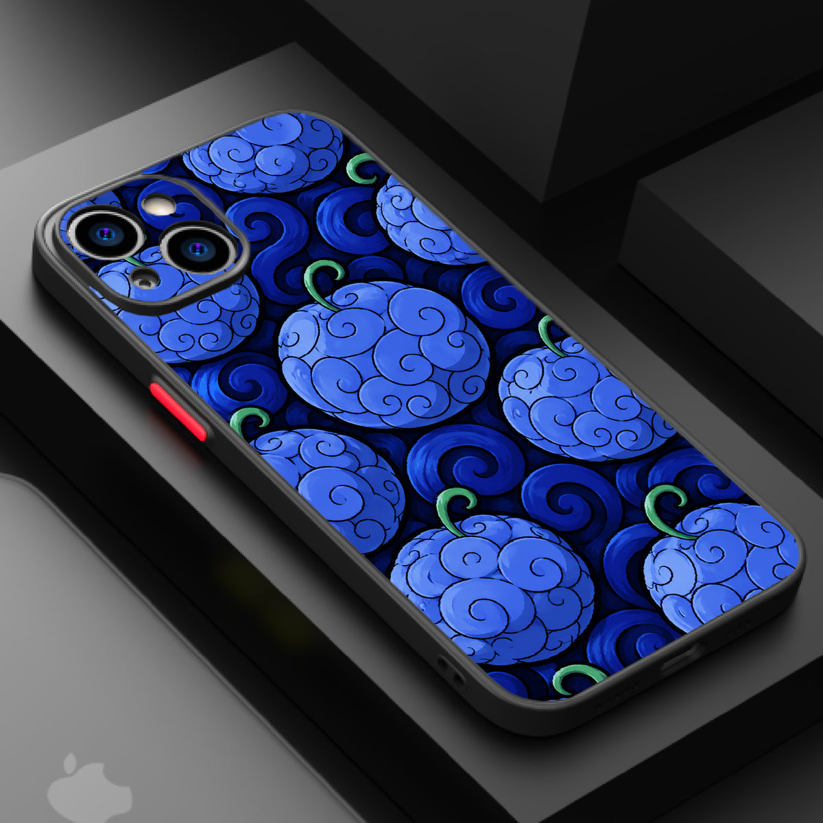 A close-up of a whimsical pattern of blue grapes with green stems, rendered in a vibrant and playful style.