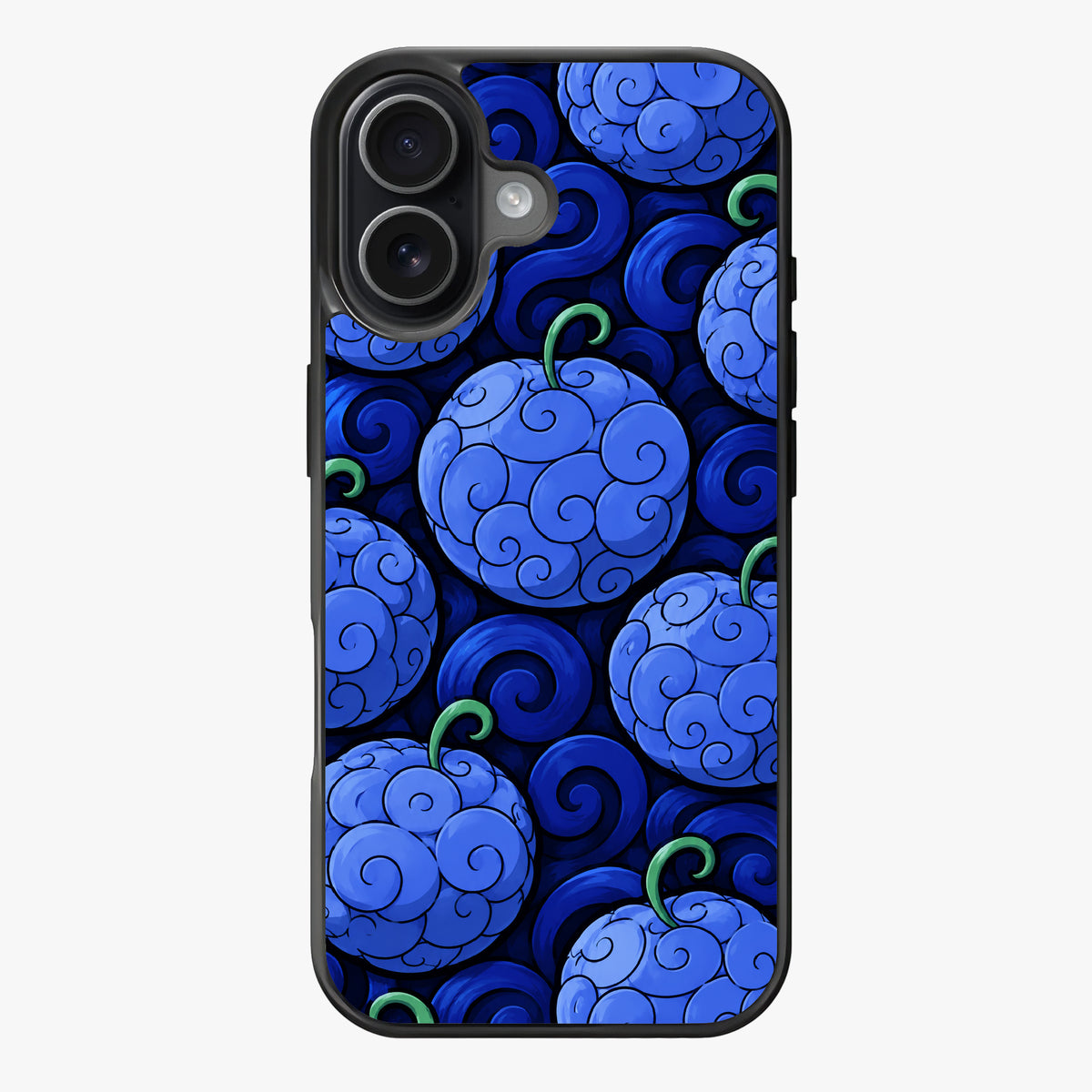 A close-up of a whimsical pattern of blue grapes with green stems, rendered in a vibrant and playful style.