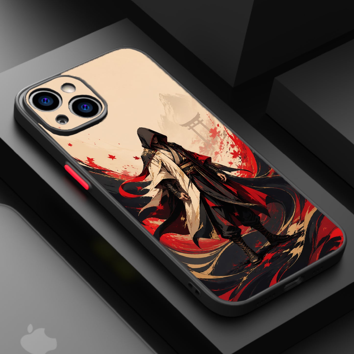 A hooded figure in traditional attire stands before a serene mountain backdrop with swirling red and black elements.
