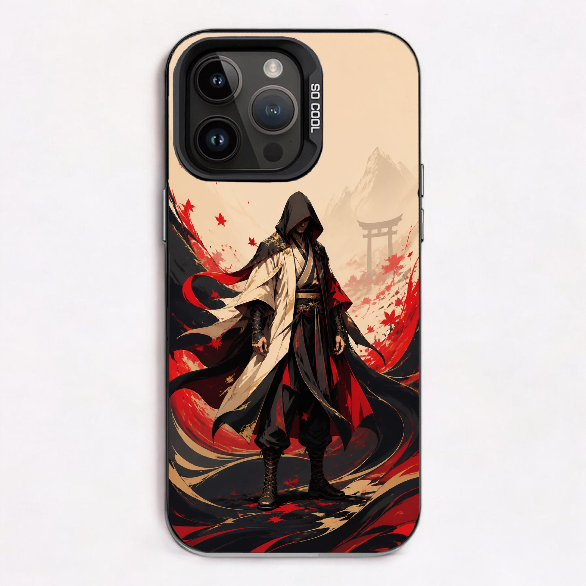 A hooded figure in traditional attire stands before a serene mountain backdrop with swirling red and black elements.