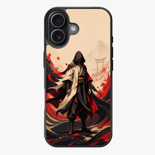 A hooded figure in traditional attire stands before a serene mountain backdrop with swirling red and black elements.