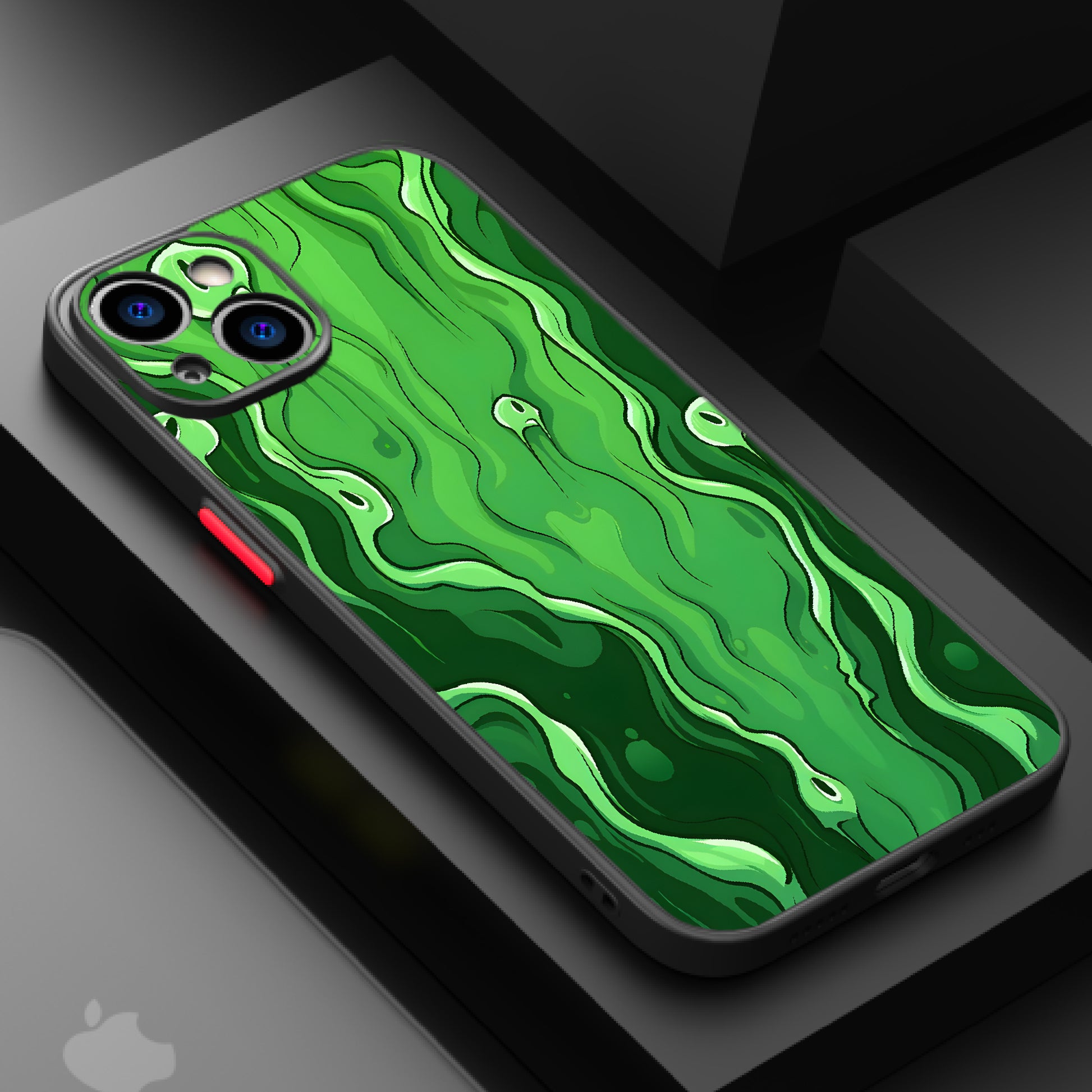 Abstract green artwork with wavy lines and bubble-like shapes.