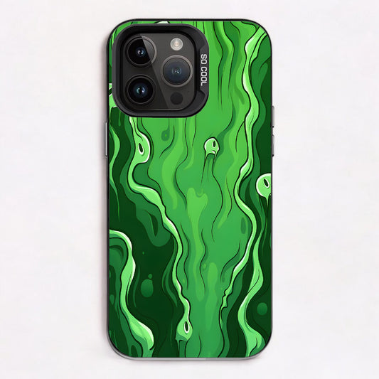 Abstract green artwork with wavy lines and bubble-like shapes.