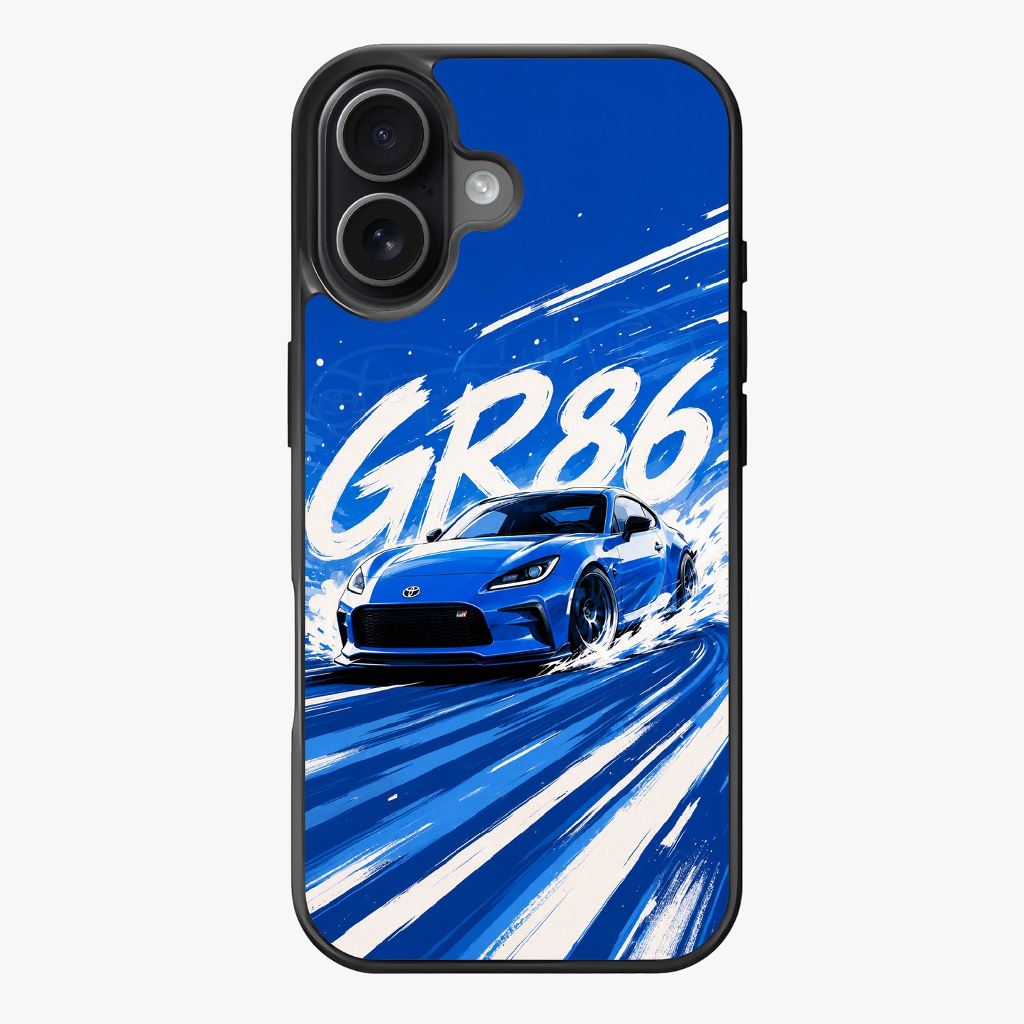 Dynamic illustration of a blue Toyota GR86 sports car in motion against a vibrant blue background with white streaks suggesting speed and energy.