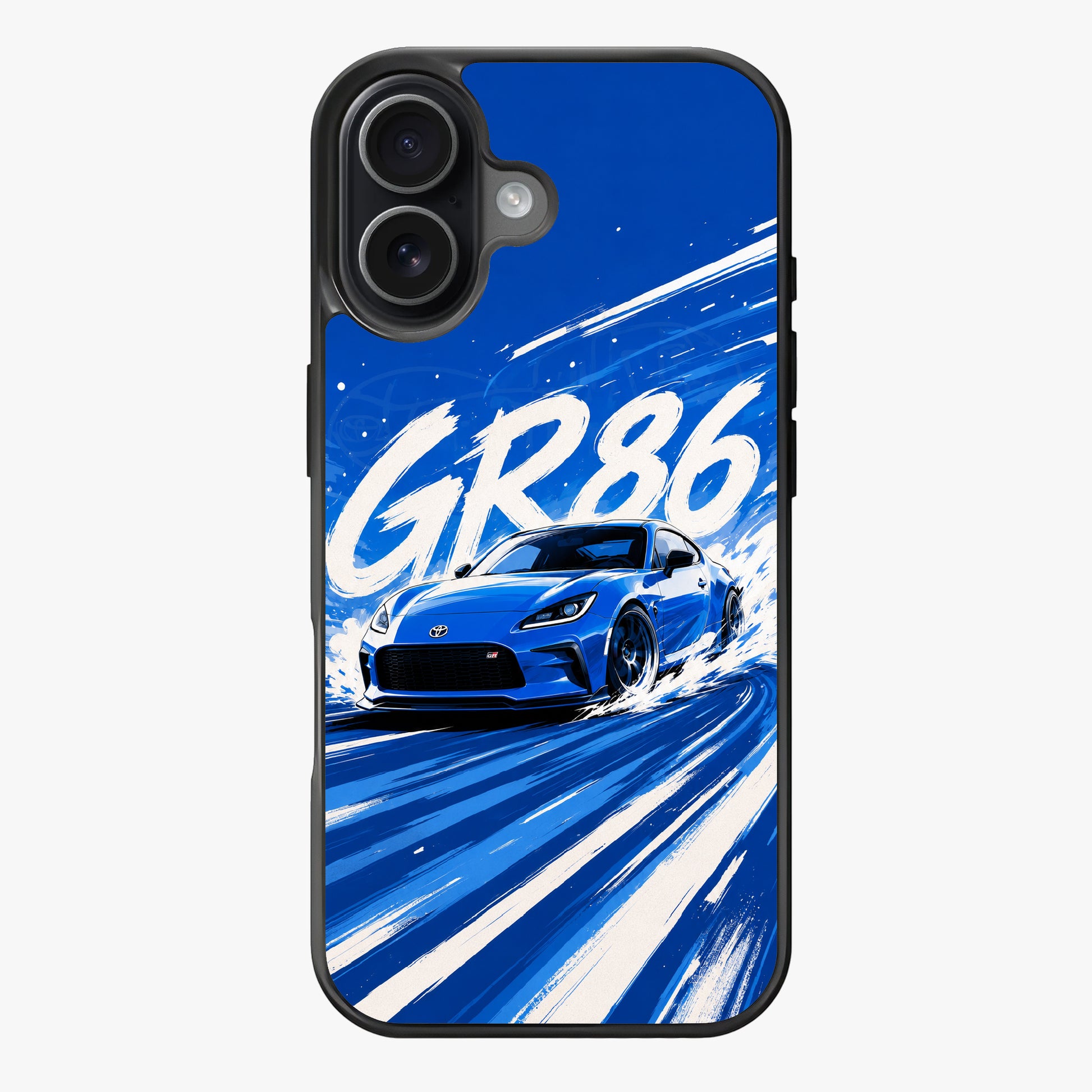Dynamic illustration of a blue Toyota GR86 sports car in motion against a vibrant blue background with white streaks suggesting speed and energy.