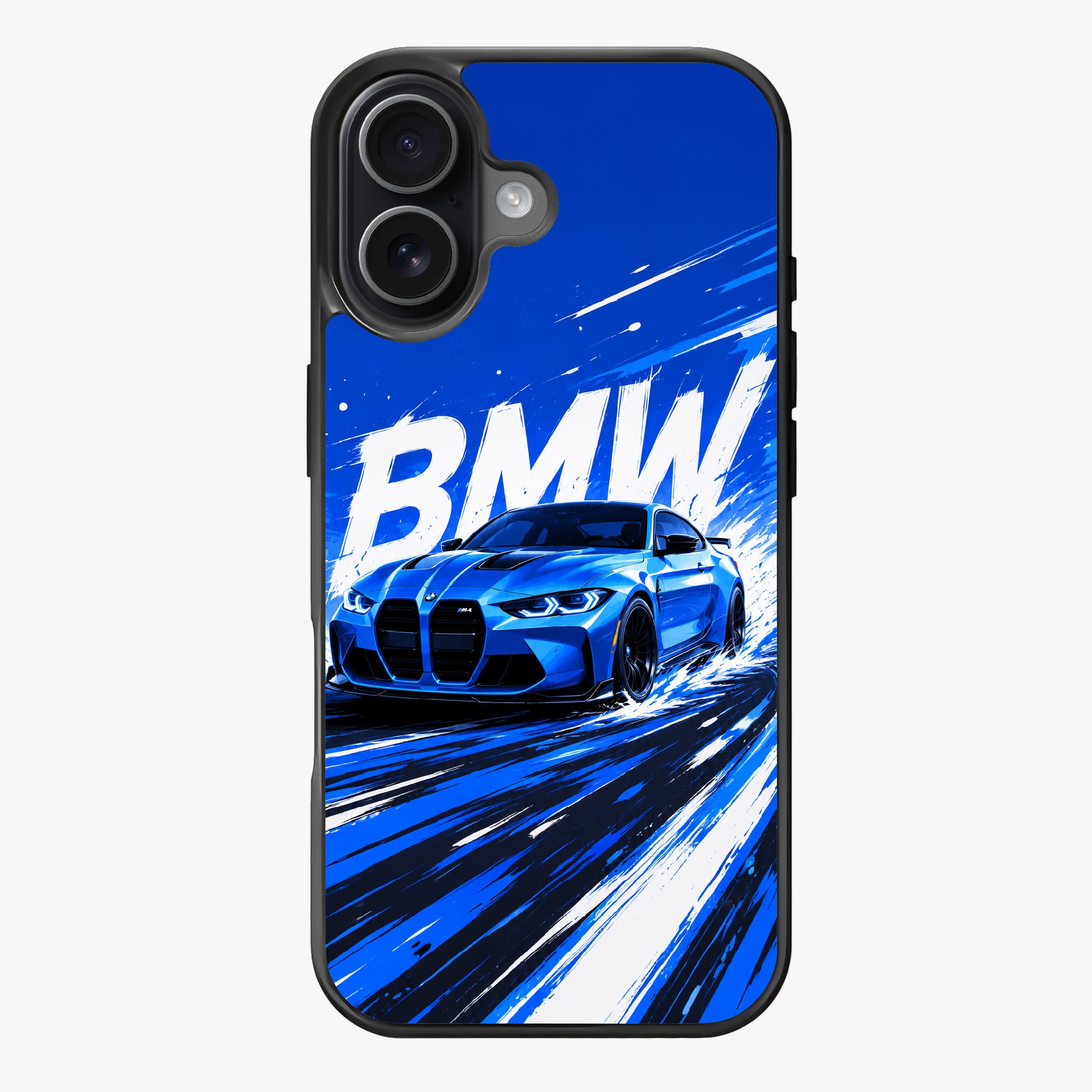 A dynamic illustration of a blue BMW M4 sports car in motion against a blue background with white streaks suggesting speed.