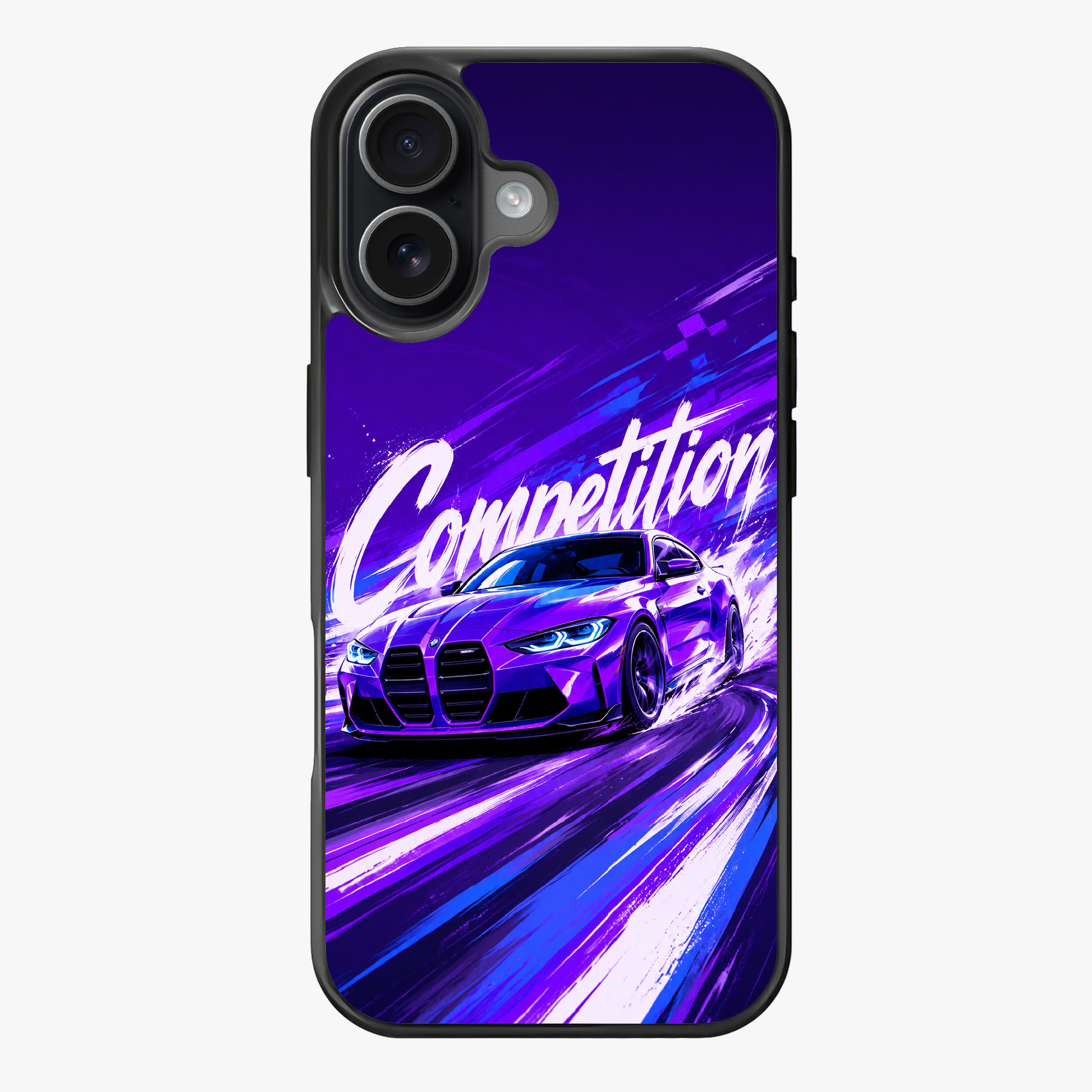 Illustration of a purple BMW M4 Competition car with the word 'Competition' in white, set against a dynamic background.