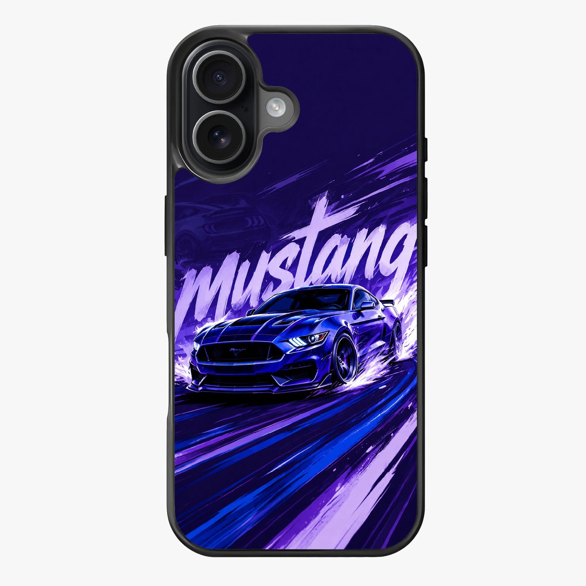 Vibrant illustration of a Ford Mustang with dynamic purple tones and motion lines.