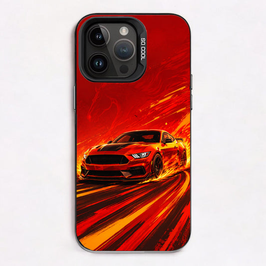 A Ford Mustang in red with motion lines and a horse silhouette against a red background.