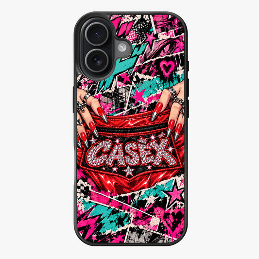 Vibrant comic book-style artwork with red rhinestones, hands with red nails, silver rings, and bold text on a phone case.