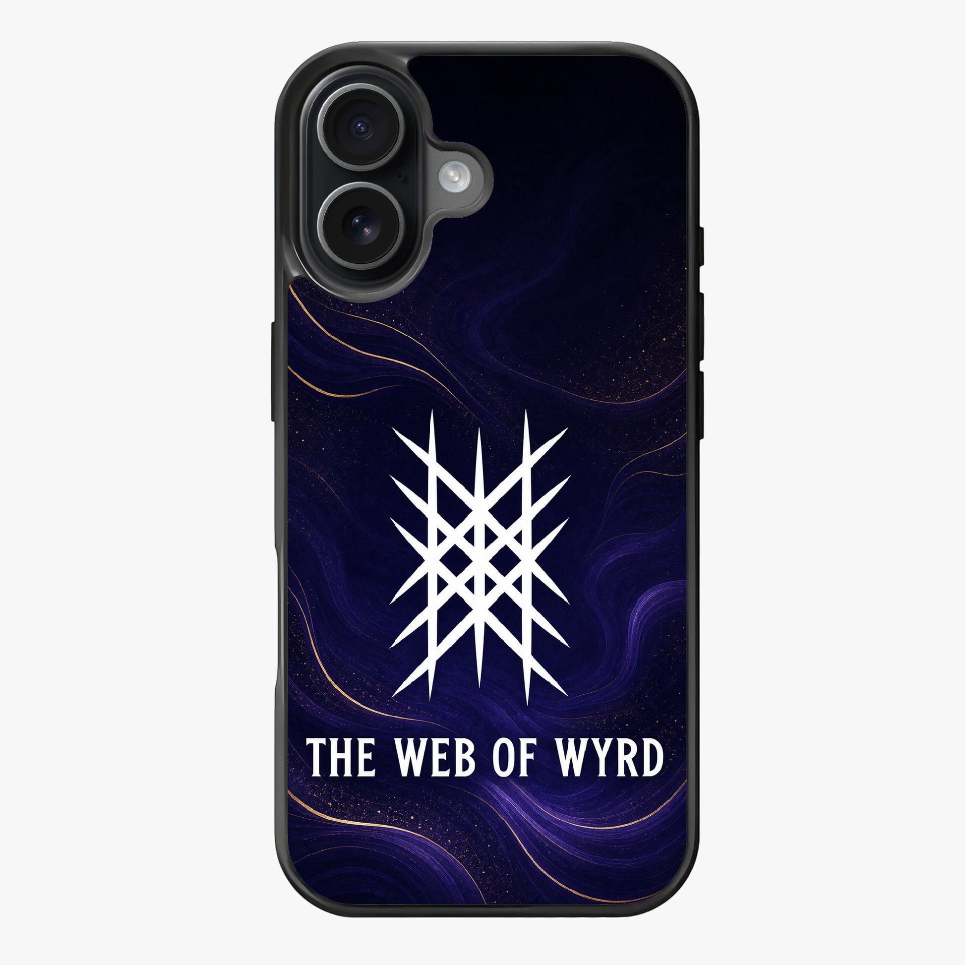 A white star symbol with sharp points set against a dark, swirling background in shades of purple and gold.