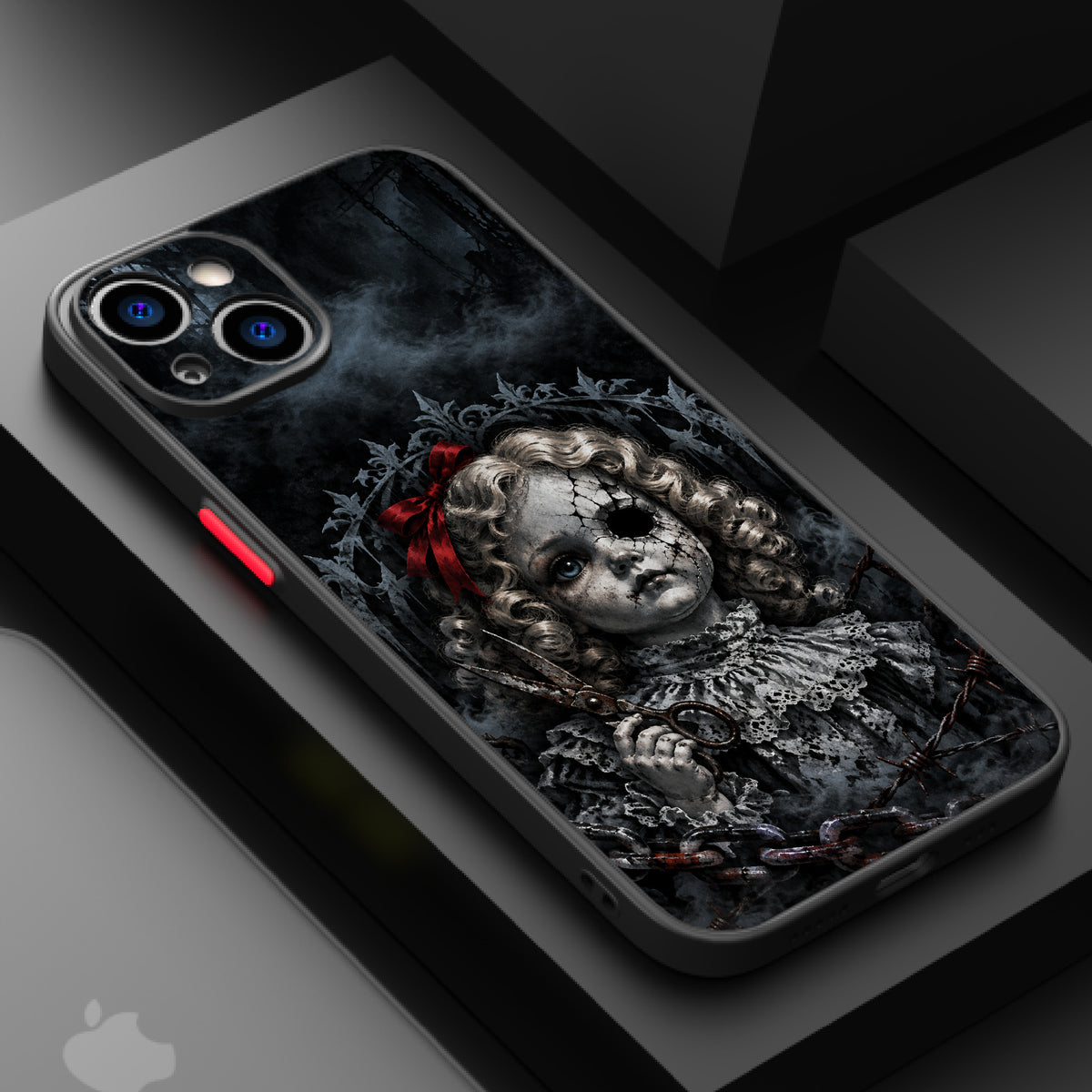 A broken doll with a crown, holding scissors, surrounded by chains and smoke, evoking a dark and eerie mood.