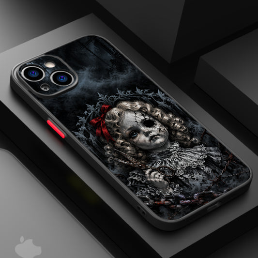 A broken doll with a crown, holding scissors, surrounded by chains and smoke, evoking a dark and eerie mood.
