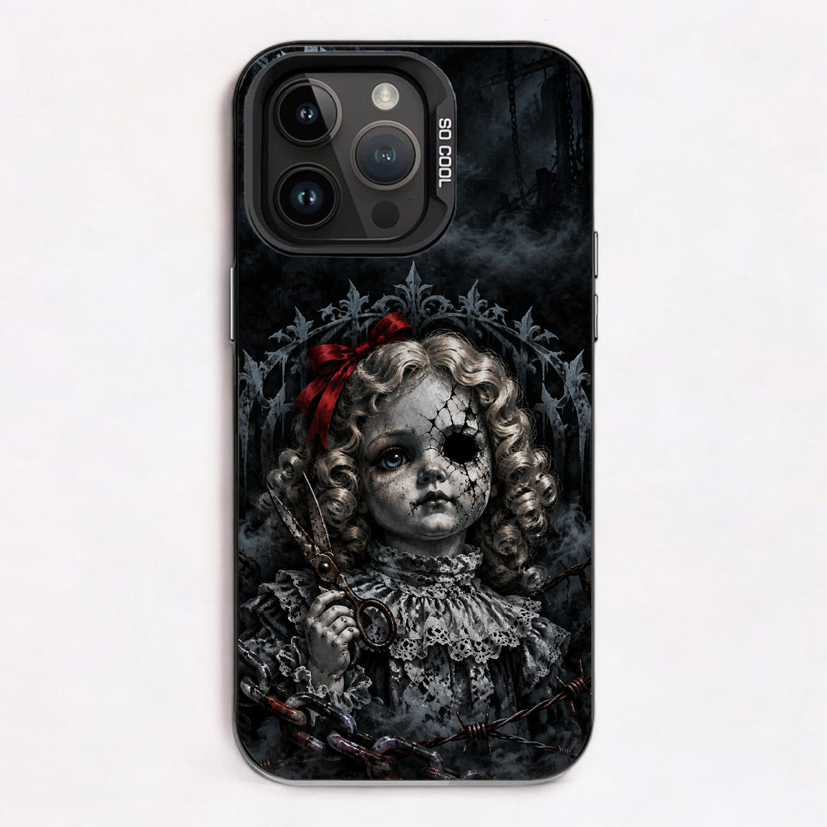A broken doll with a crown, holding scissors, surrounded by chains and smoke, evoking a dark and eerie mood.