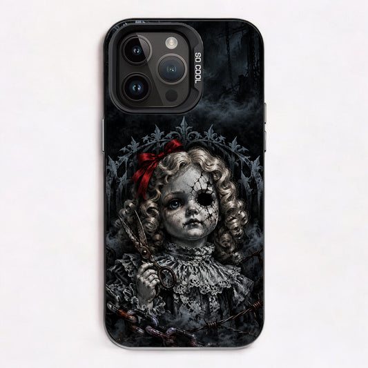 A broken doll with a crown, holding scissors, surrounded by chains and smoke, evoking a dark and eerie mood.