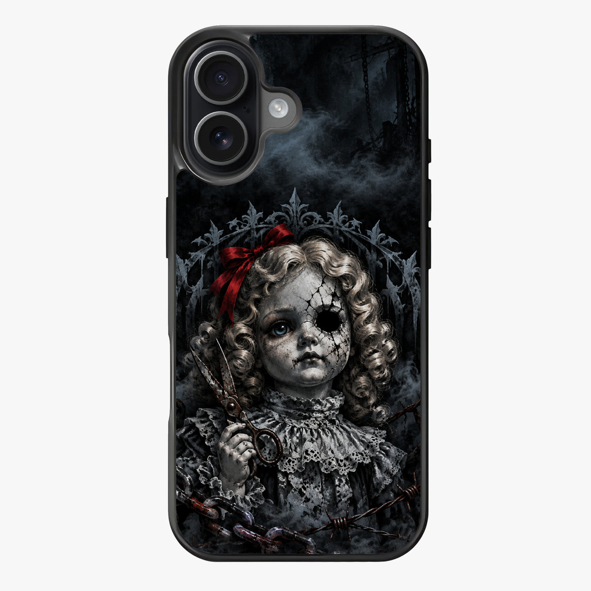 A broken doll with a crown, holding scissors, surrounded by chains and smoke, evoking a dark and eerie mood.
