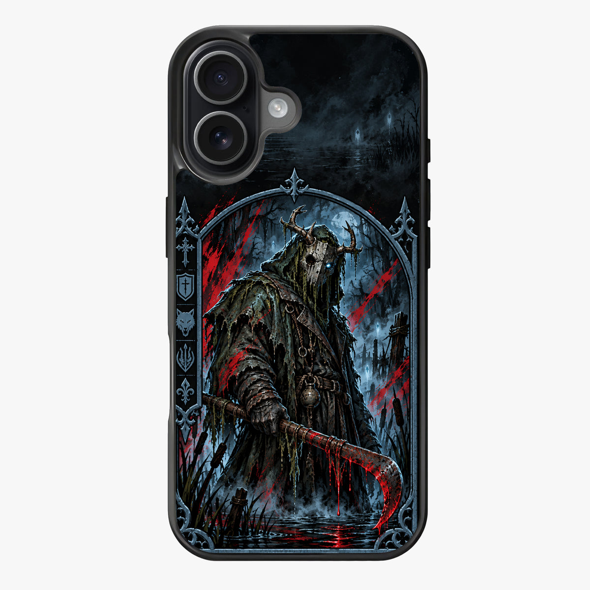 A dark fantasy artwork of a hooded warrior with a bloodied scythe, set against a gothic landscape with glowing figures in the background.
