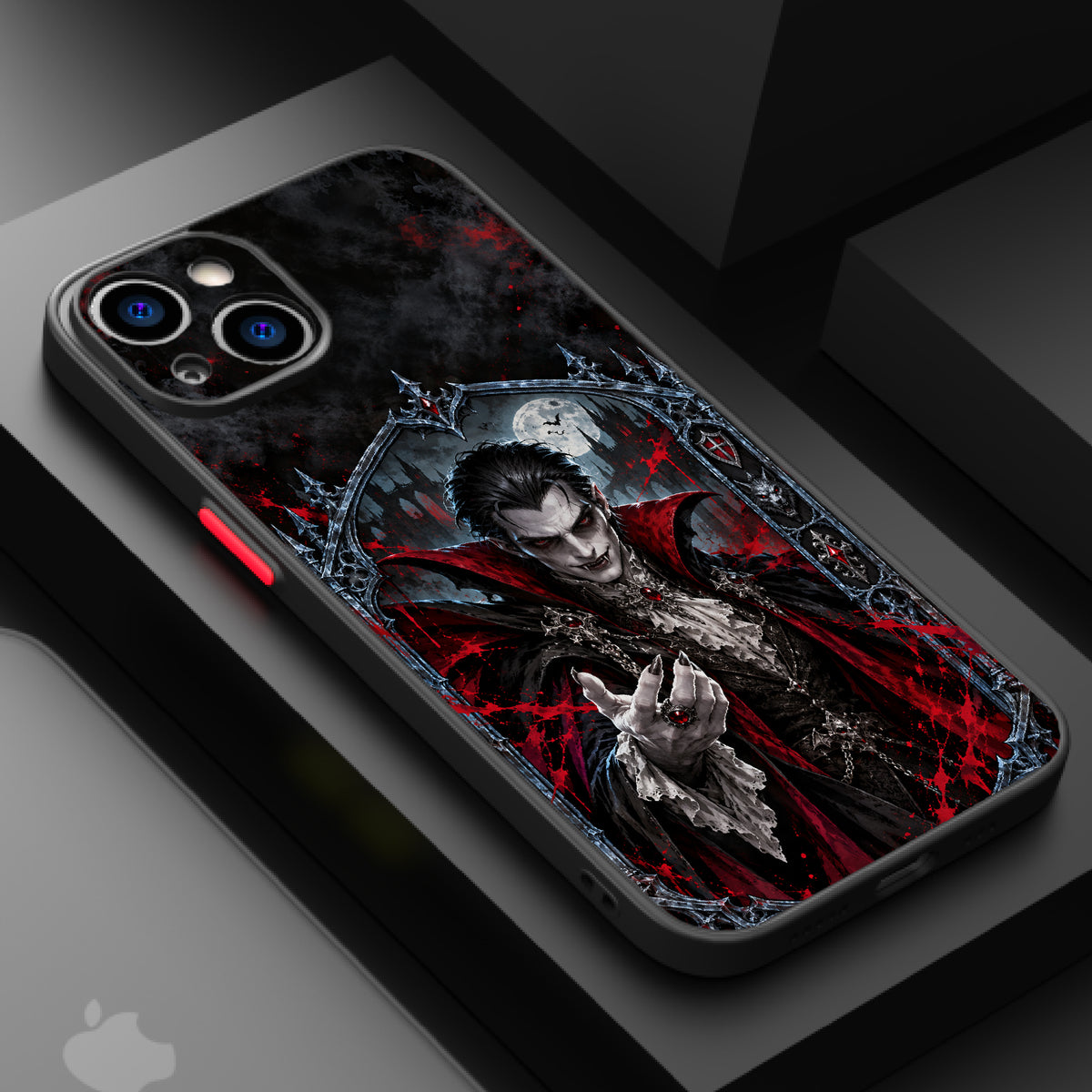 A vampire in a gothic setting with a full moon and blood-red splatters, evoking a dark and mysterious atmosphere.