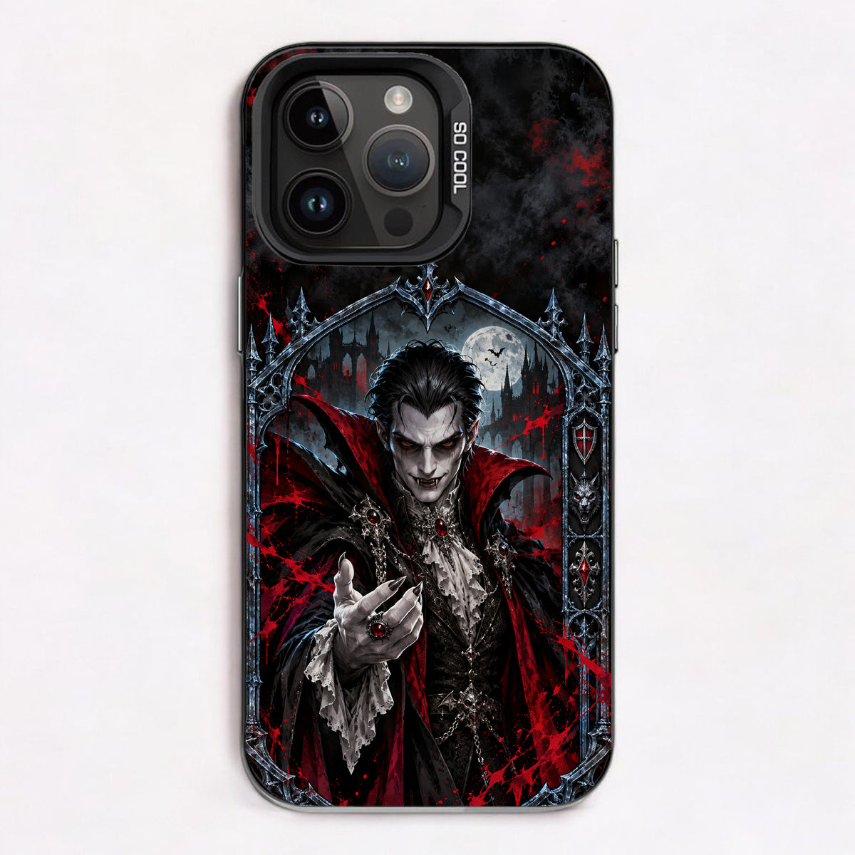 A vampire in a gothic setting with a full moon and blood-red splatters, evoking a dark and mysterious atmosphere.