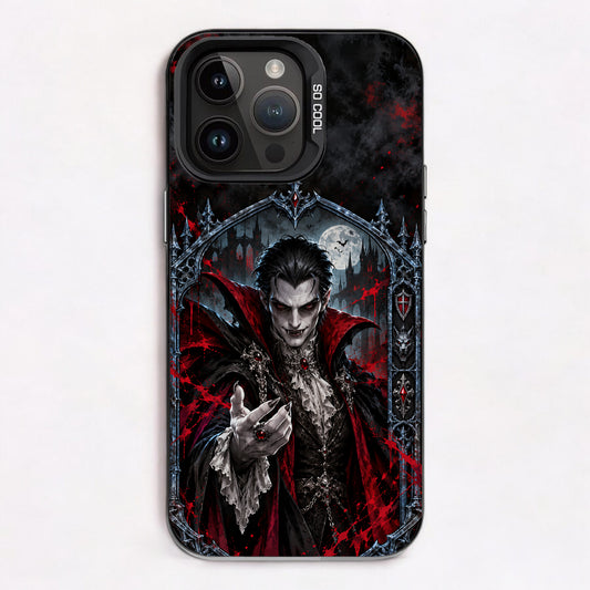A vampire in a gothic setting with a full moon and blood-red splatters, evoking a dark and mysterious atmosphere.