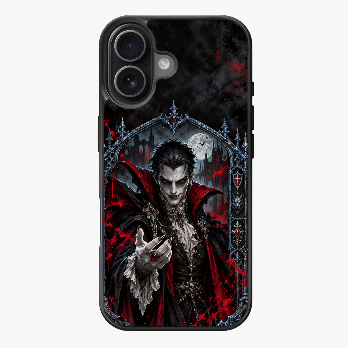 A vampire in a gothic setting with a full moon and blood-red splatters, evoking a dark and mysterious atmosphere.