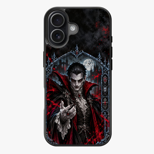A vampire in a gothic setting with a full moon and blood-red splatters, evoking a dark and mysterious atmosphere.