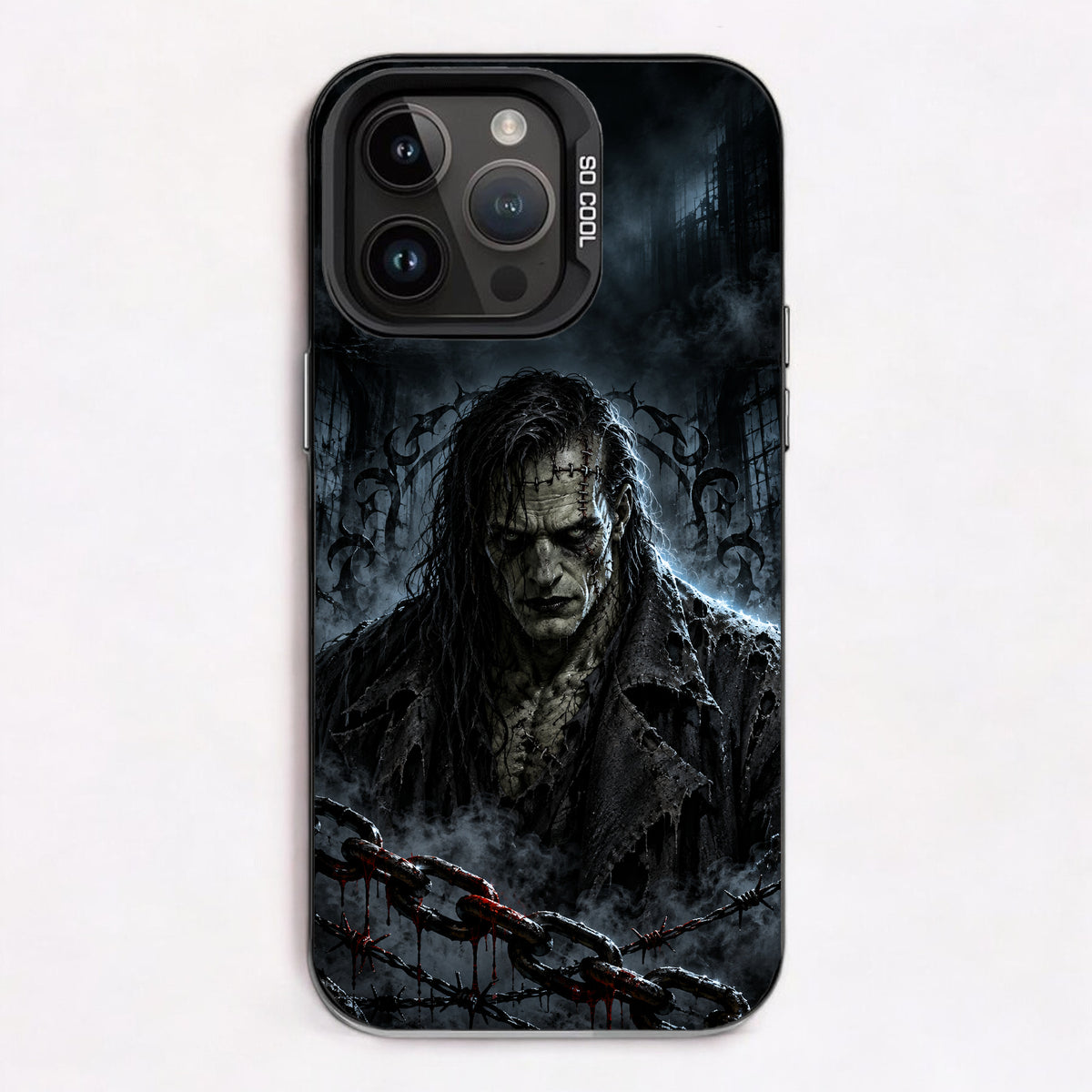 Dark gothic horror artwork featuring a monstrous figure, chains, barbed wire, and a smoky, foreboding setting.