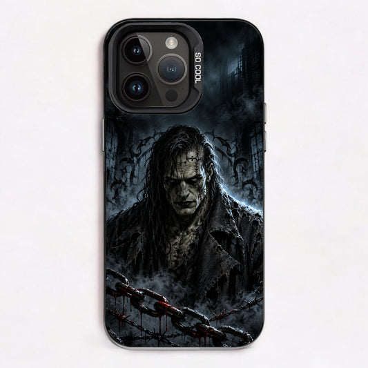 Dark gothic horror artwork featuring a monstrous figure, chains, barbed wire, and a smoky, foreboding setting.