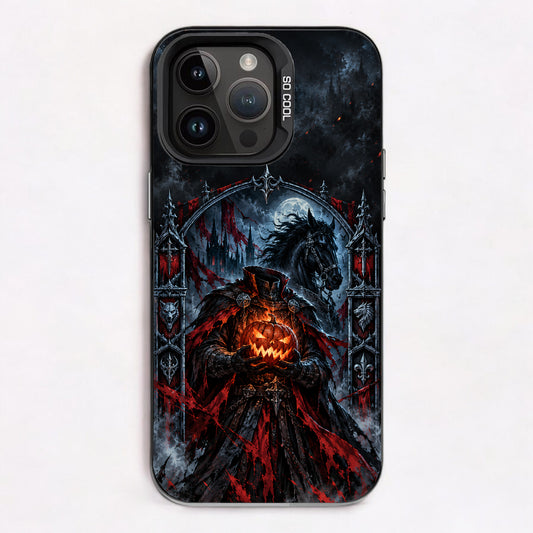 A dark, gothic scene with a figure in a red cape holding a carved pumpkin, a headless horseman, and a full moon in the sky.