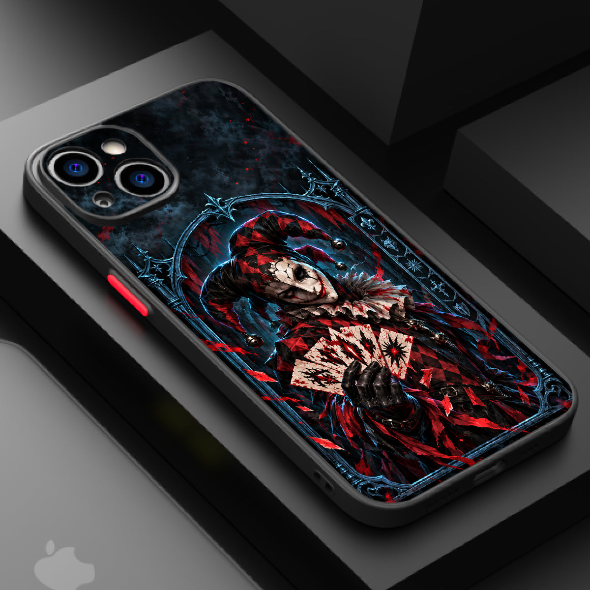 A jester in a dark, gothic setting, holding a fan of cracked cards, with red and black tones and a menacing mood.